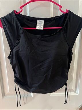 Lands' End Black Short Sleeve Ruched Side Tie Swim Top